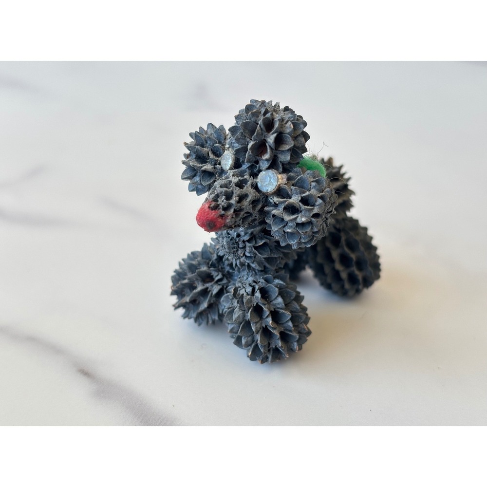 Vtg Seed Pod Poodle Figurine Miniature Folk Art Dog Grey 2 Inch Trinket Mini